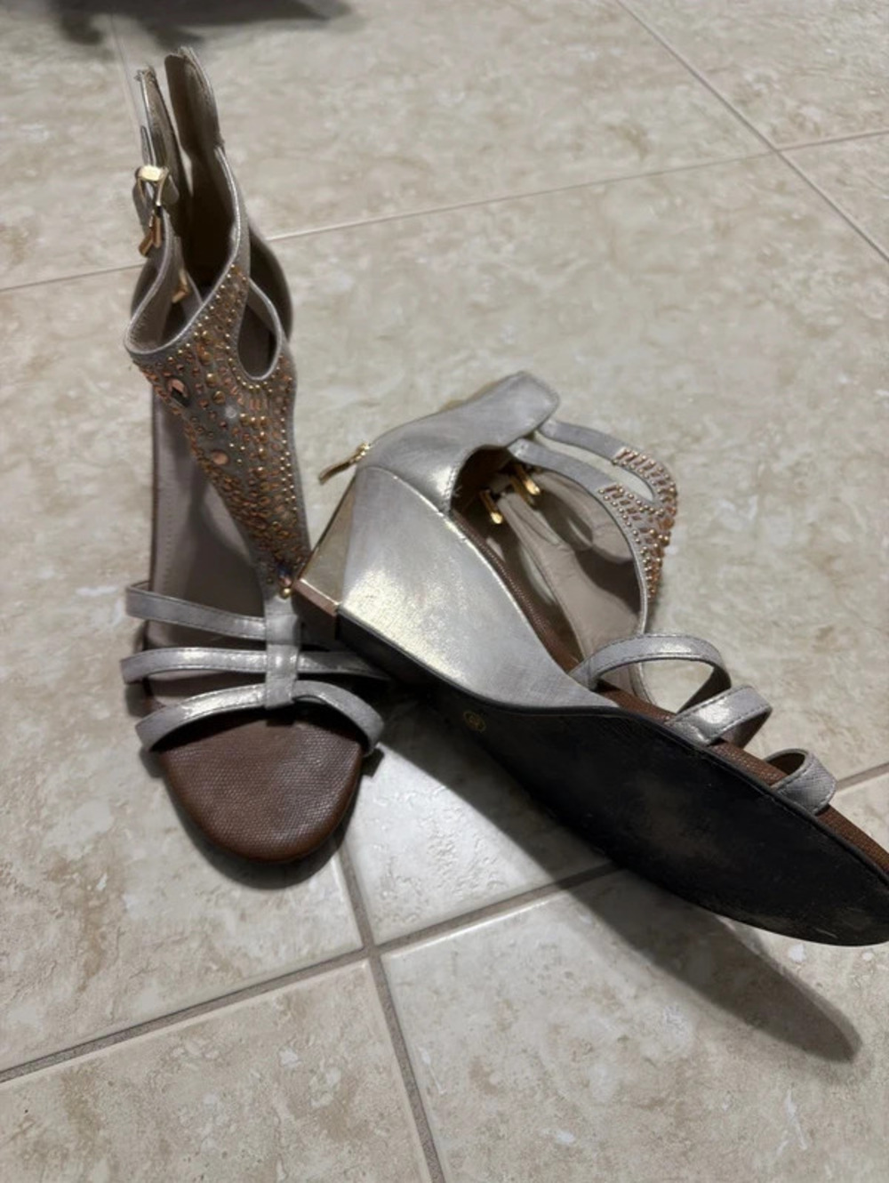 Tortalo Metallic Gold Studded T-Strap Strappy Wedge Sandals